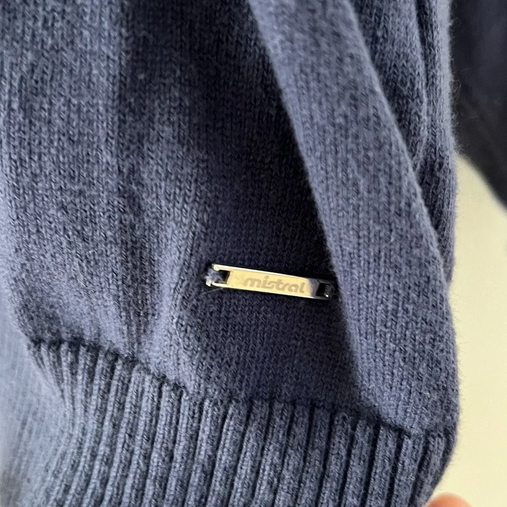 Mistral‎ Zip Sweater Jacket Navy Red Stripe Mock Neck Large Preppy Colorblock